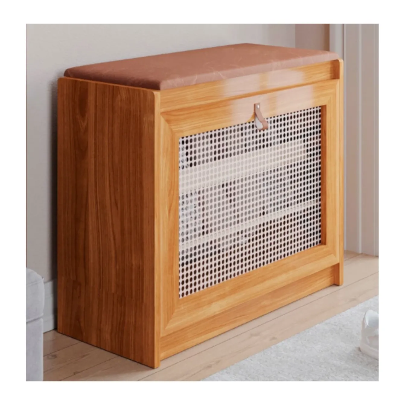 Banco Sapateira Plenitude com Assento Estofado e Detalhes em Rattan